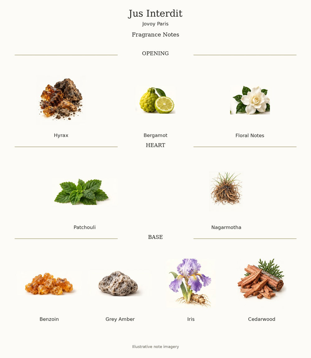 Jus Interdit — complete verified fragrance notes with illustrative material imagery