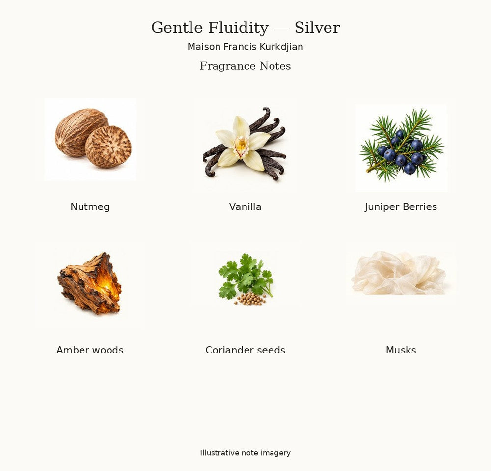 Illustrated fragrance notes for Gentle Fluidity — Silver by Maison Francis Kurkdjian