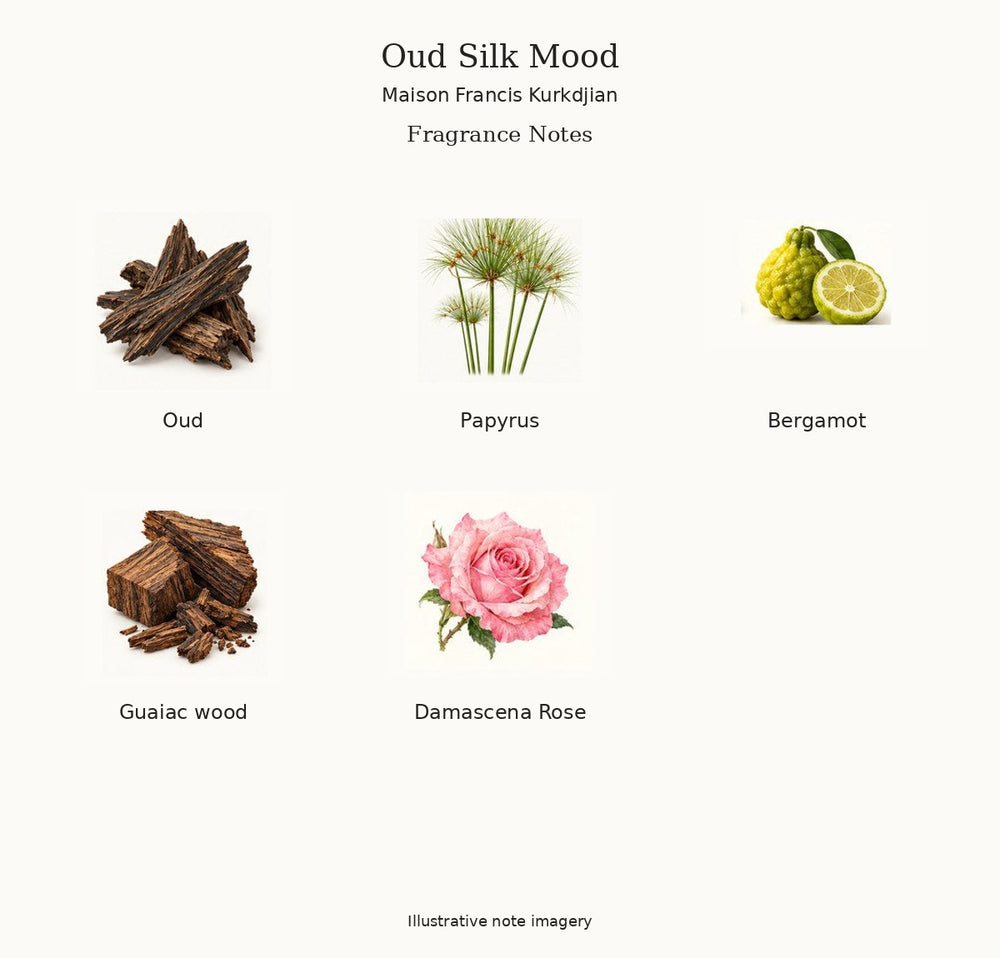 Illustrated fragrance notes for Oud Silk Mood by Maison Francis Kurkdjian