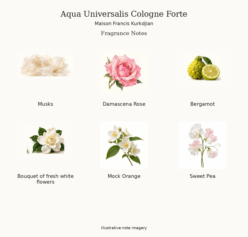 Illustrated fragrance notes for Aqua Universalis Cologne Forte by Maison Francis Kurkdjian