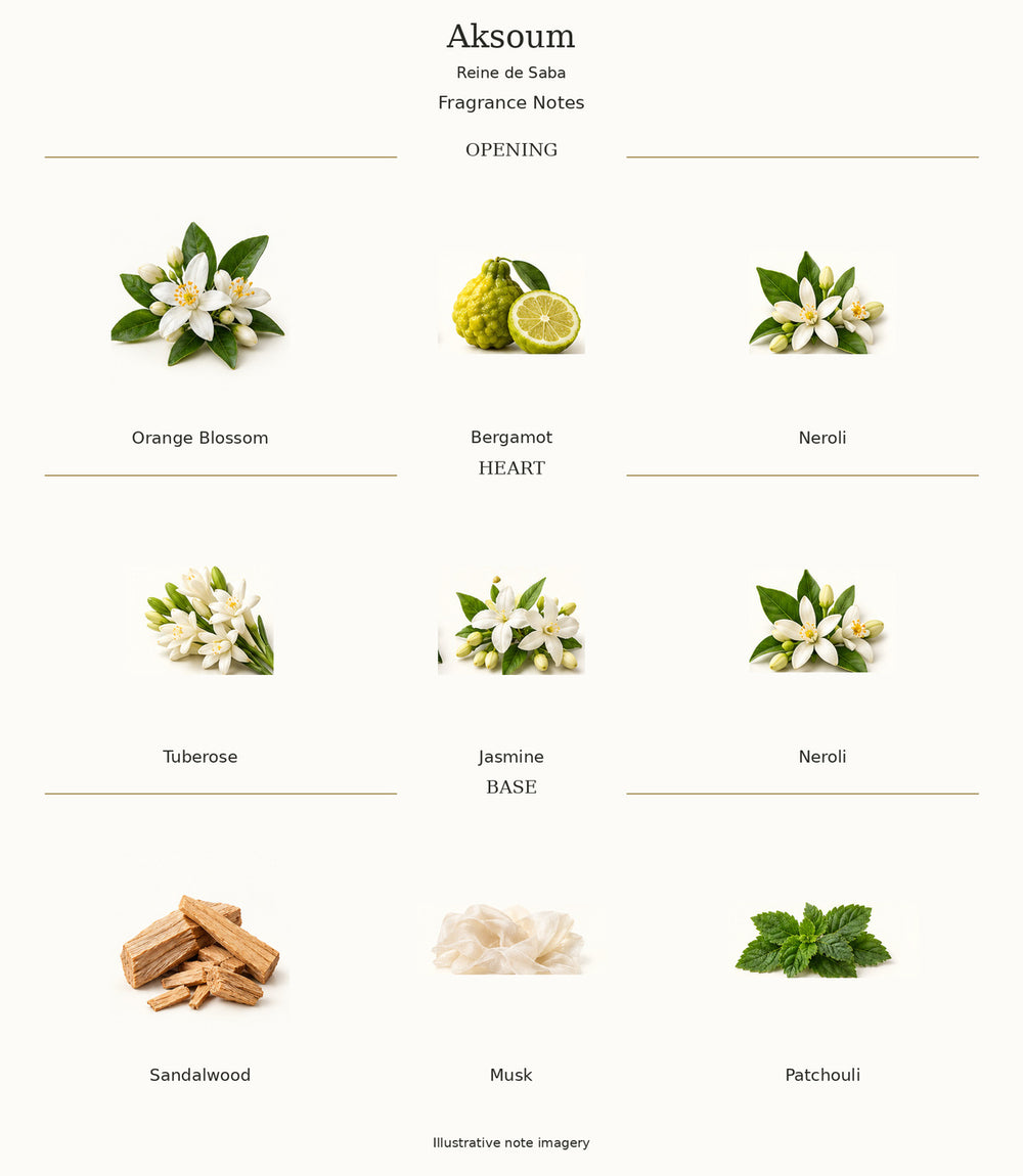 Aksoum by Reine de Saba — complete illustrated opening, heart and base fragrance notes