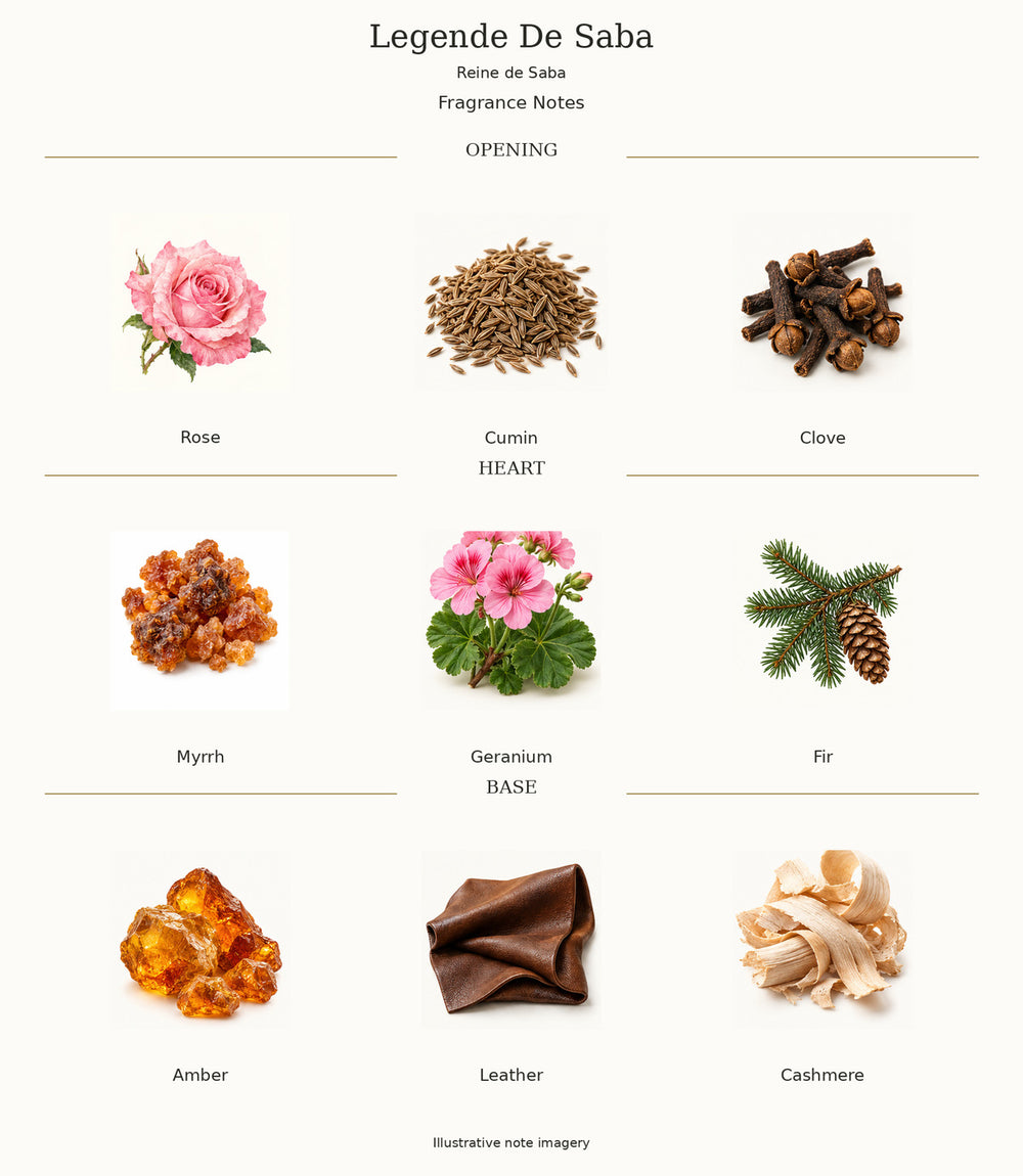 Legende De Saba by Reine de Saba — complete illustrated opening, heart and base fragrance notes