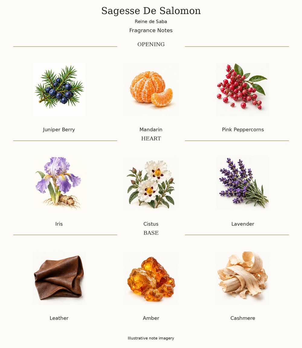Sagesse De Salomon by Reine de Saba — complete illustrated opening, heart and base fragrance notes