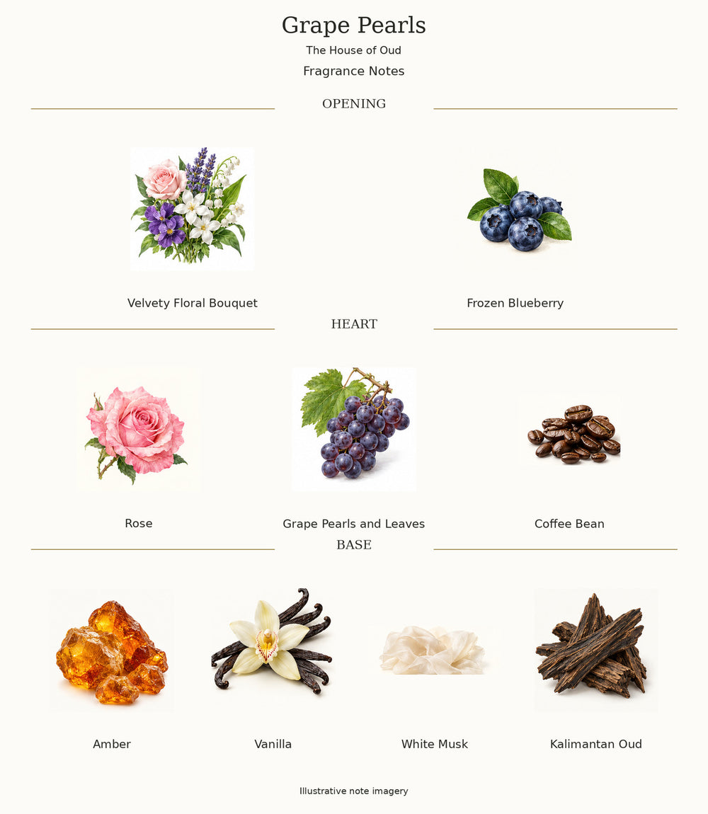 Grape Pearls by The House of Oud — illustrated fragrance notes: opening, heart and base.