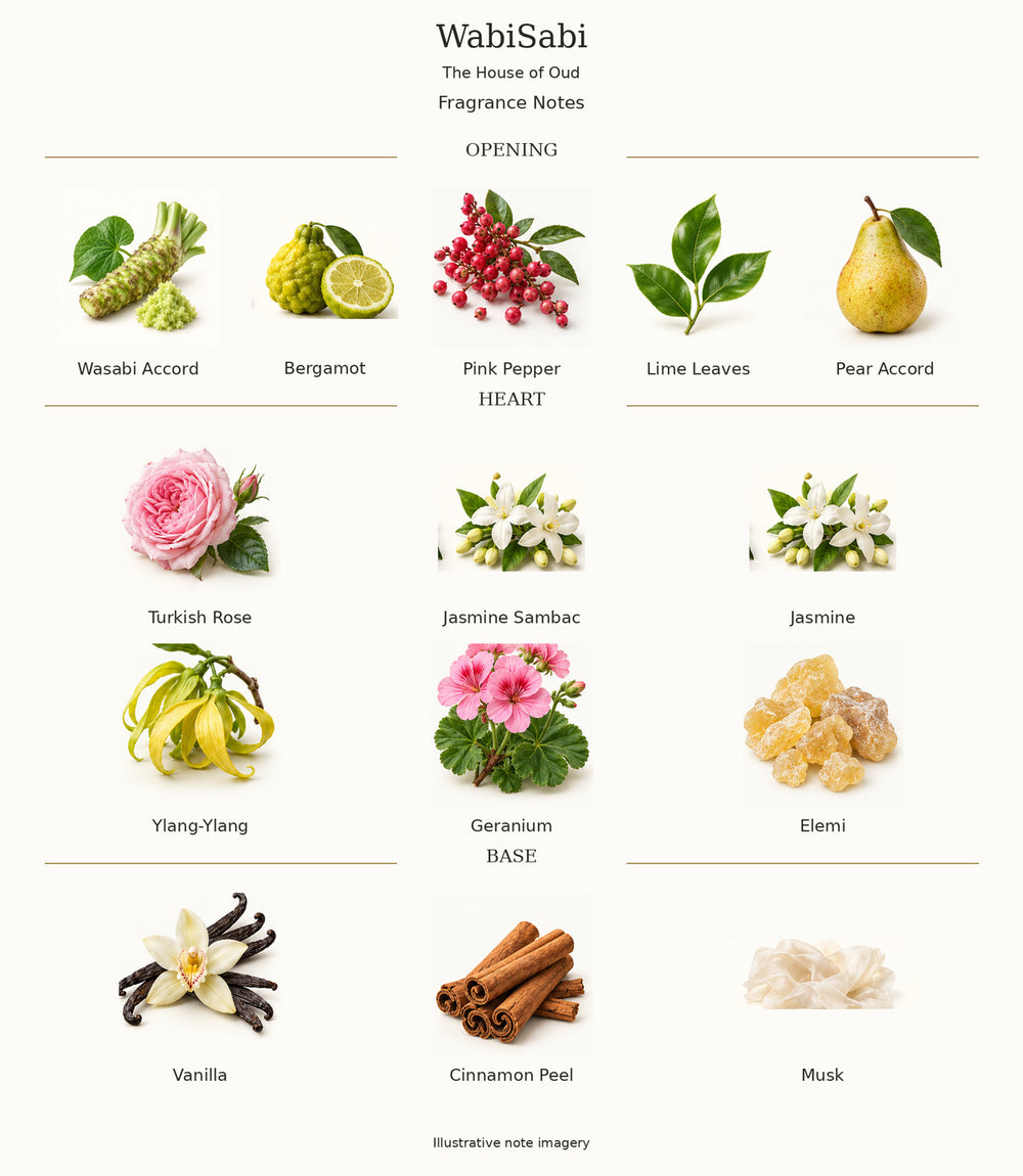 WabiSabi by The House of Oud — illustrated fragrance notes: opening, heart and base.